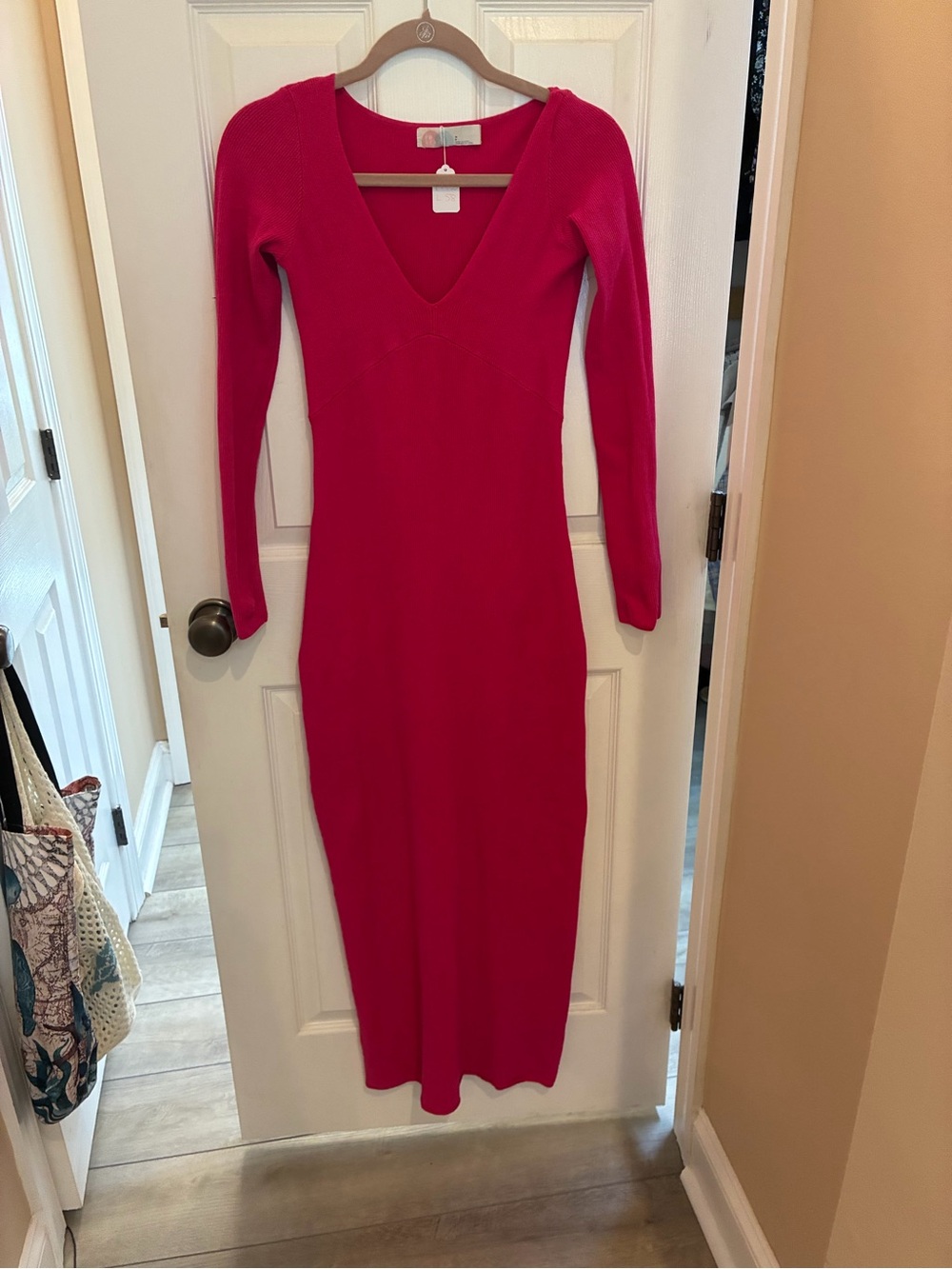 Free People Beach Long Sleeve V-Neck Midi Dress in Hot Pink